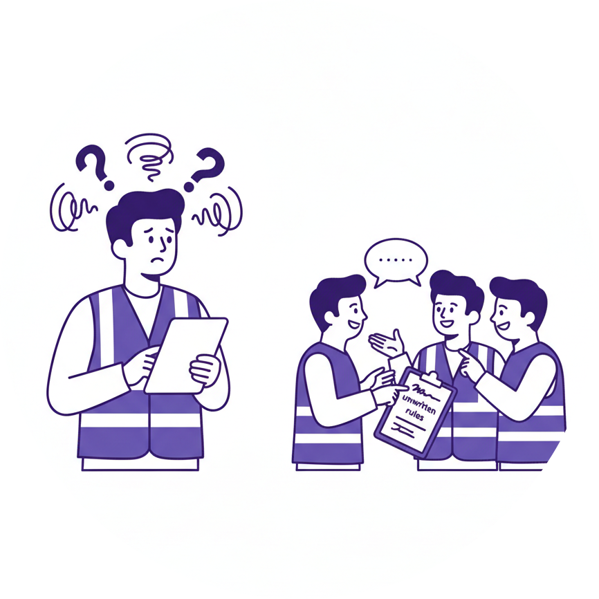 Young warehouse worker confused about workplace culture and unwritten team rules