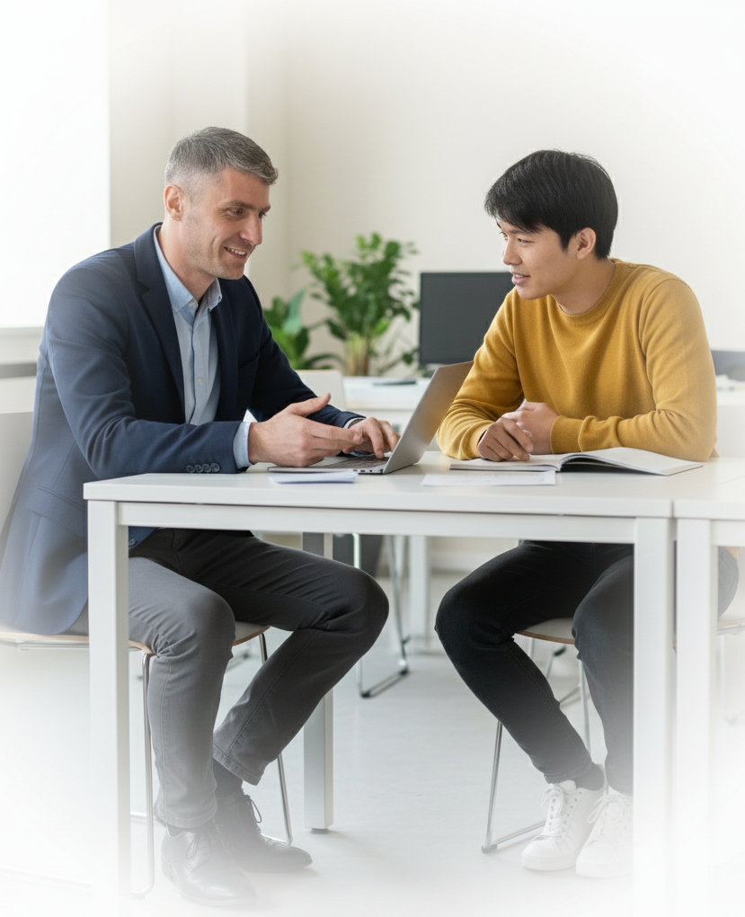 Professional mentor guiding young person through career development in supportive one-to-one mentoring session at Youth Start Professional mentor guiding young person through career development in supportive one-to-one mentoring session at Youth Start