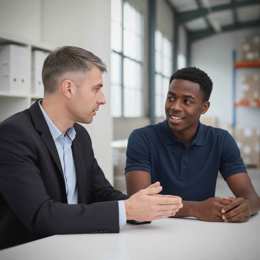 Two professionals, one is Nick Calin, consultant in business attire seated at a table in discussion.