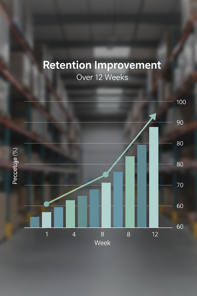 Vertical bar chart showing upward retention trend over 12 weeks, representing Youth Start case study on reducing early-stage turnover through structured mentorship.