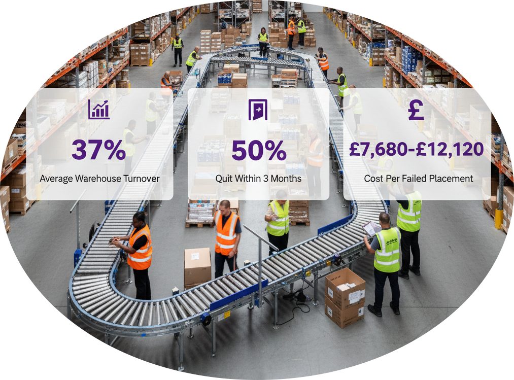 Warehouse turnover statistics displayed over warehouse operations background 37 average warehouse turnover, 50 of new hires quit within 3 months, 7.680-12.120 cost per failed placement