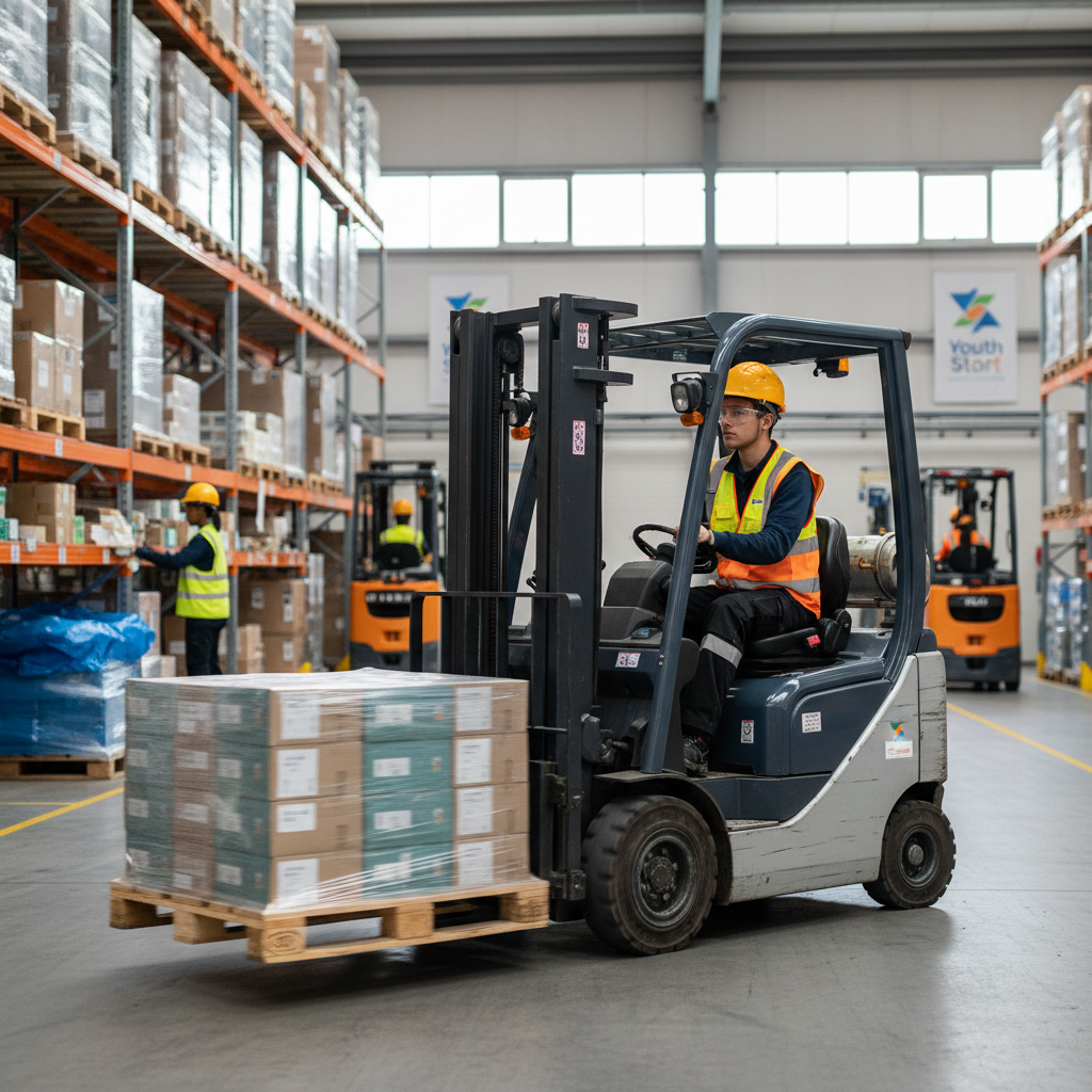 Young forklift driver operating FLT truck moving pallets in warehouse
