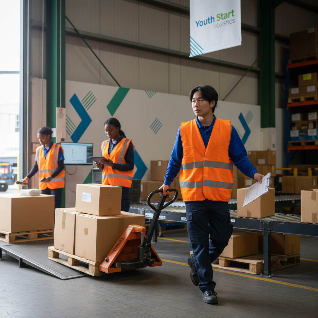 Young goods-in operative receiving and checking deliveries at warehouse loading bay