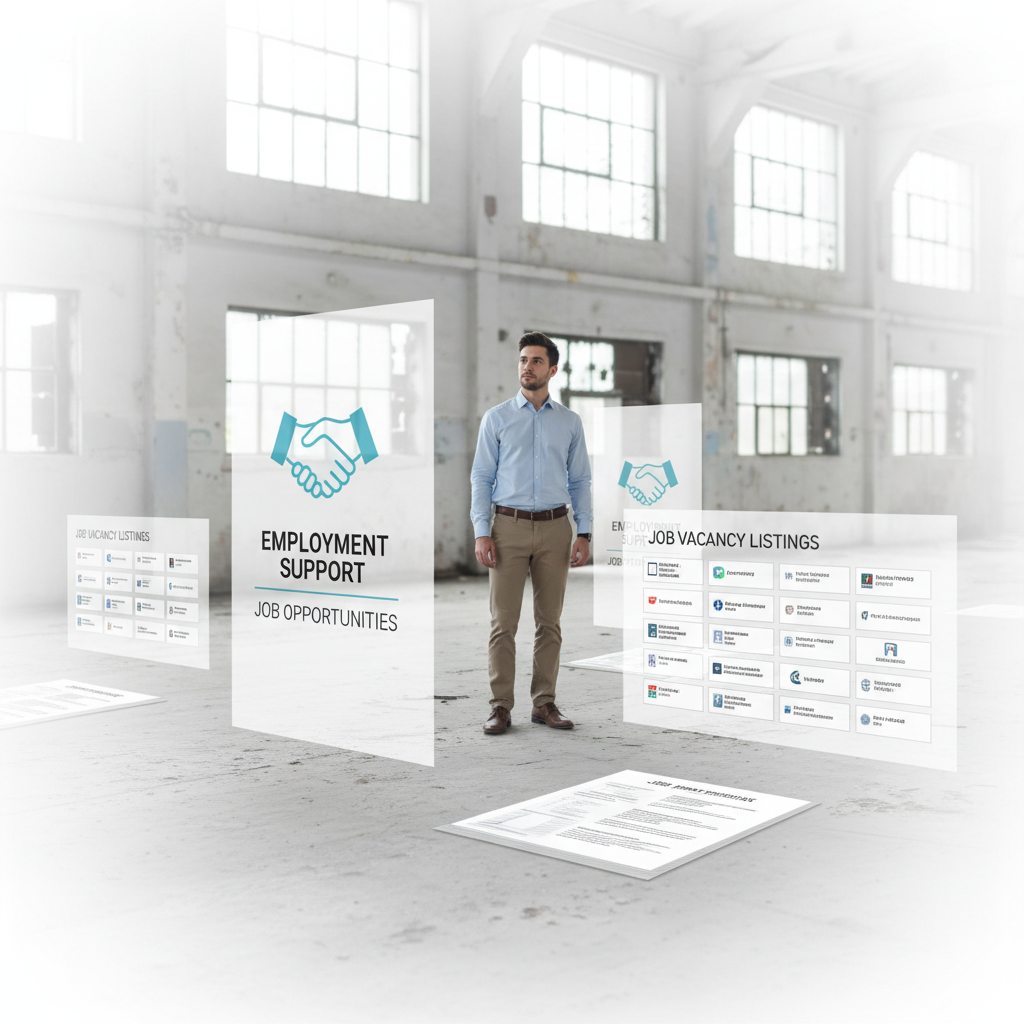 Young person standing in light faded warehouse setting with white overlay, reviewing job opportunities and employment support documents, representing Jobcentre Plus services.