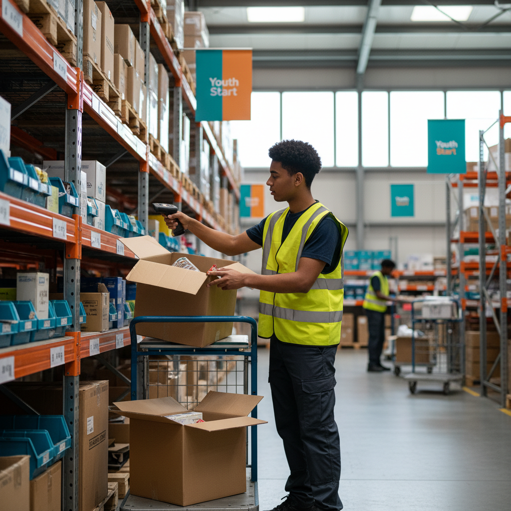 Young picker packer using handheld scanner to pick orders in warehouse