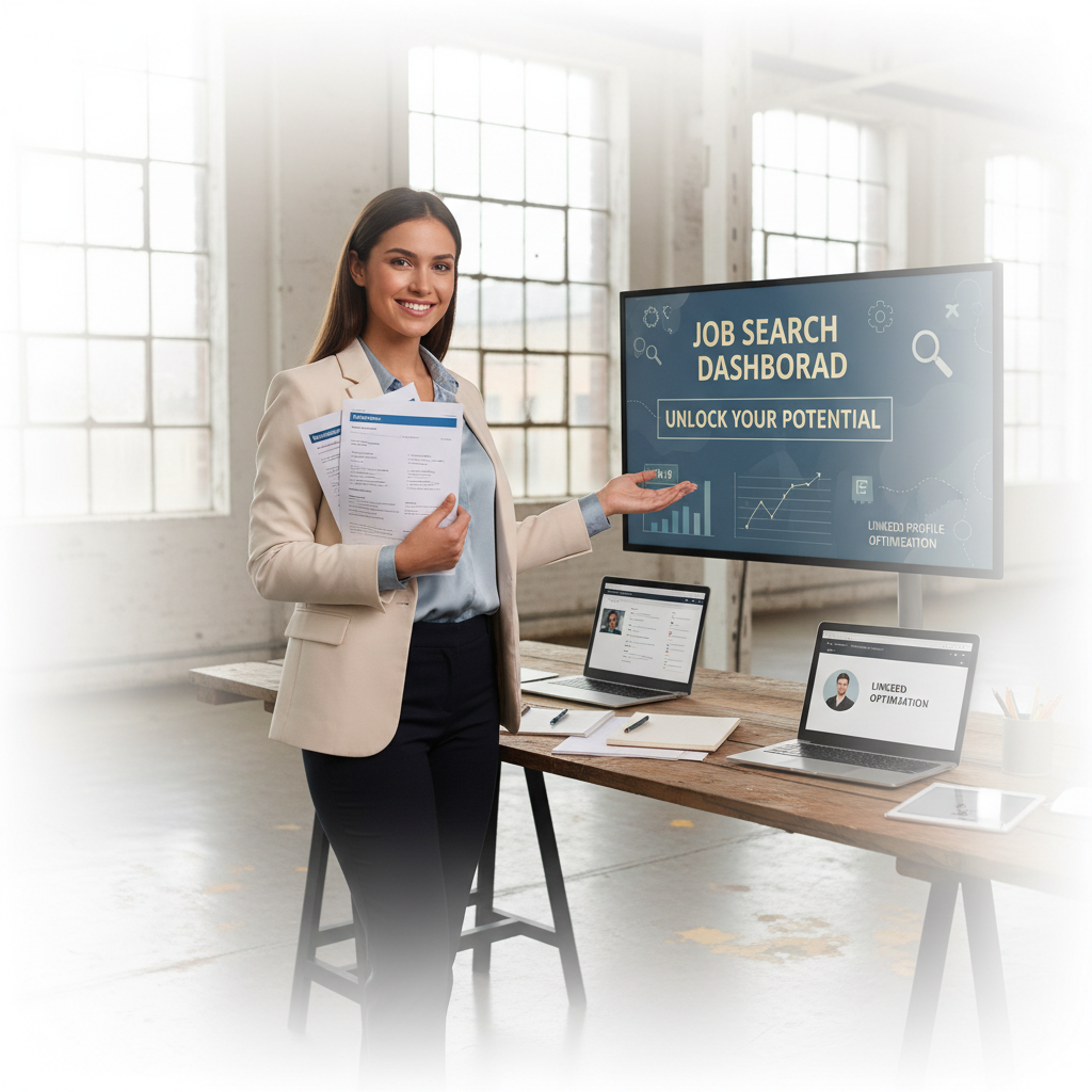 Young professional standing in light faded warehouse setting with white overlay, holding career guidance materials, representing National Careers Service support and employment advice.
