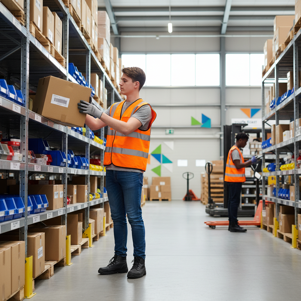 Young warehouse operative organizing stock and moving boxes in distribution center