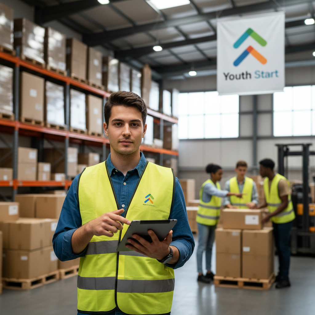Young warehouse team leader supervising team and organizing daily warehouse operations